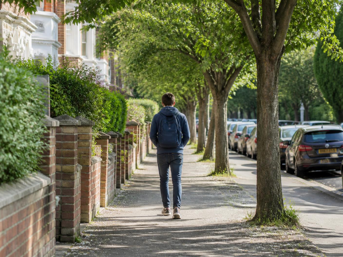 A person walking along a quiet tree-lined street